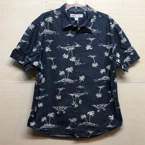Old Navy Hawiian shirt Men's XL Slim-Fit Printed Chambray Shirt - Picture 2 of 16
